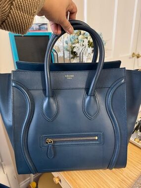 Celine Navy Blue Leather Tote with Gold Zip Detail